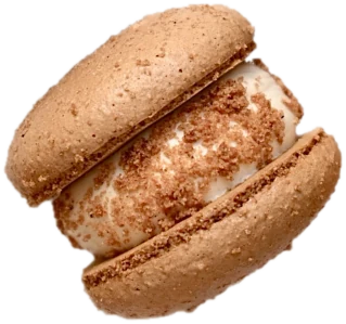 A JP Macarons macaron: two thick shells around a generous cream filling topped with biscuit crumbs